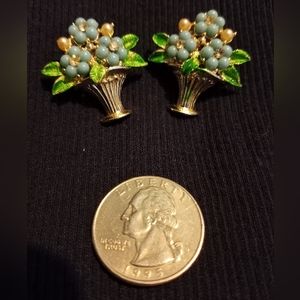 Pair of beaded flower pot brooches